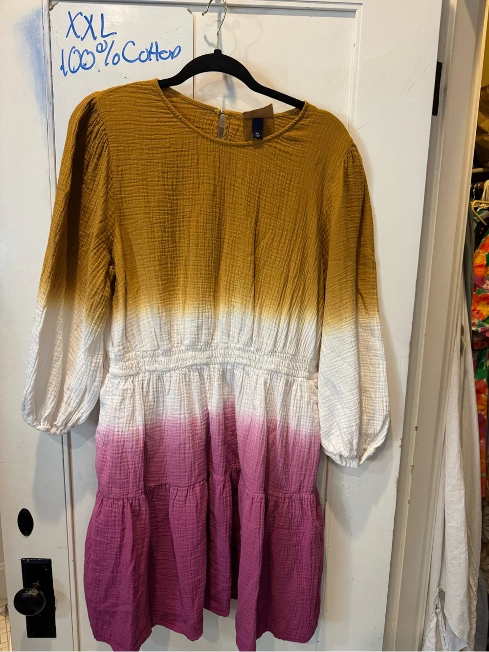 100% Cotton UT Mustard, White & Pink Ombre Long Sleeve Tiered Dress